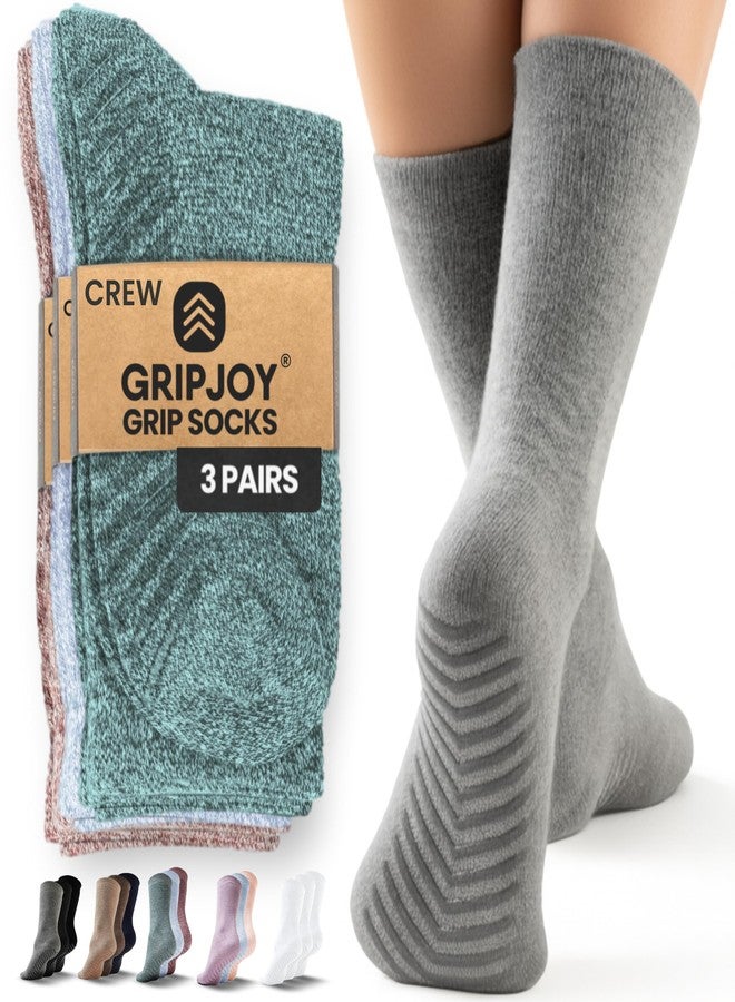 Gripjoy Grip Socks for Women, Grippy, Non Slip, Gripper Socks for Women & Men, Pilates, Yoga, Hospital, Non Skid, 3 Pairs, Crew, Heather Mix Green - Image 1
